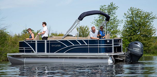 Men fishing on a Sylvan pontoon
