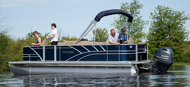 Men fishing on a Sylvan pontoon
