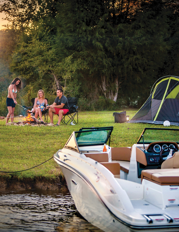 boat docked at a campsite 