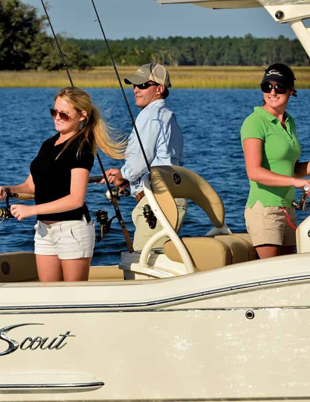 Three people fishing on a boat